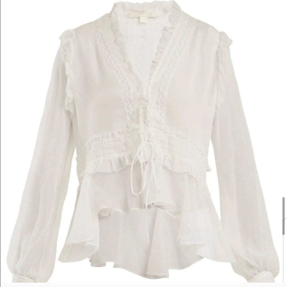 Jonathan Simkhai Ruffled Silk Lace Up Long Sleeve Peasant Blouse White Sz L